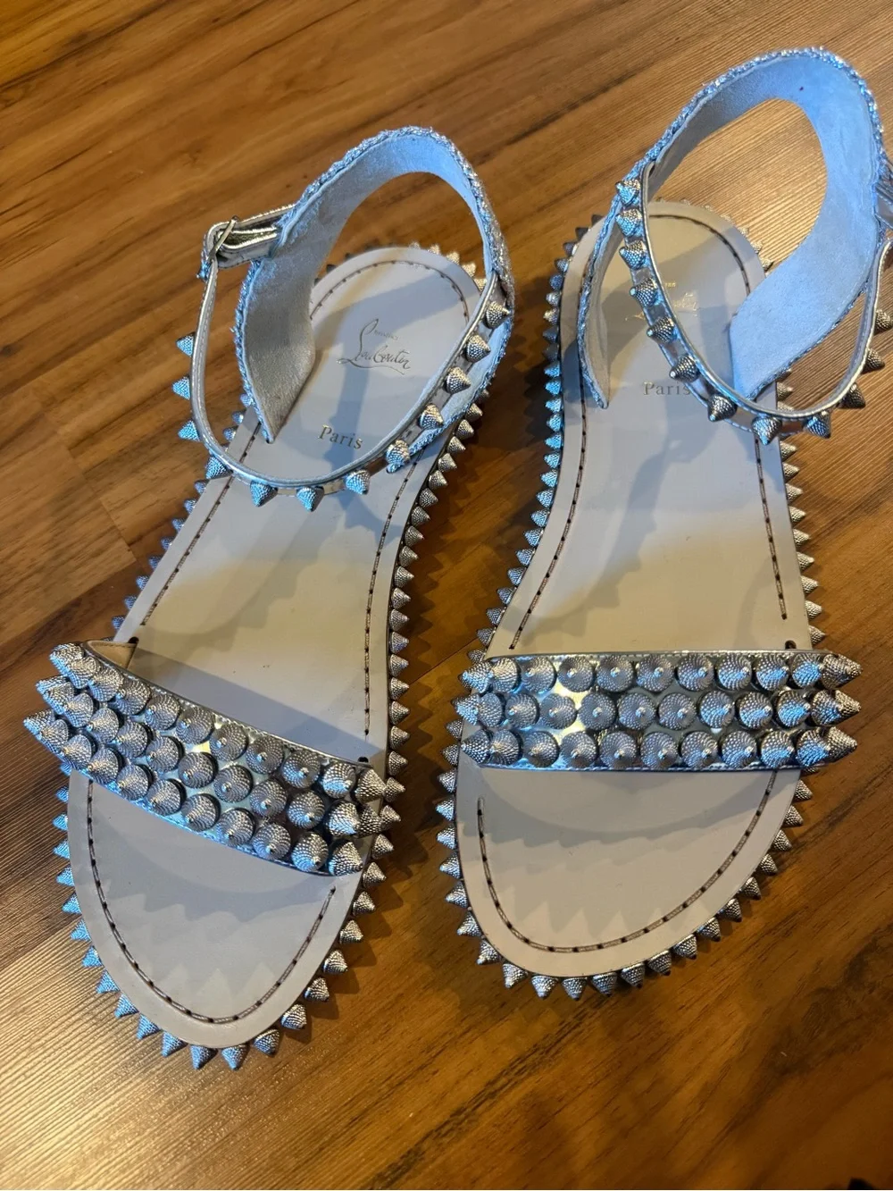 Christian Louboutin Silver Studded Leather Ankle-Strap Sandals size 40
